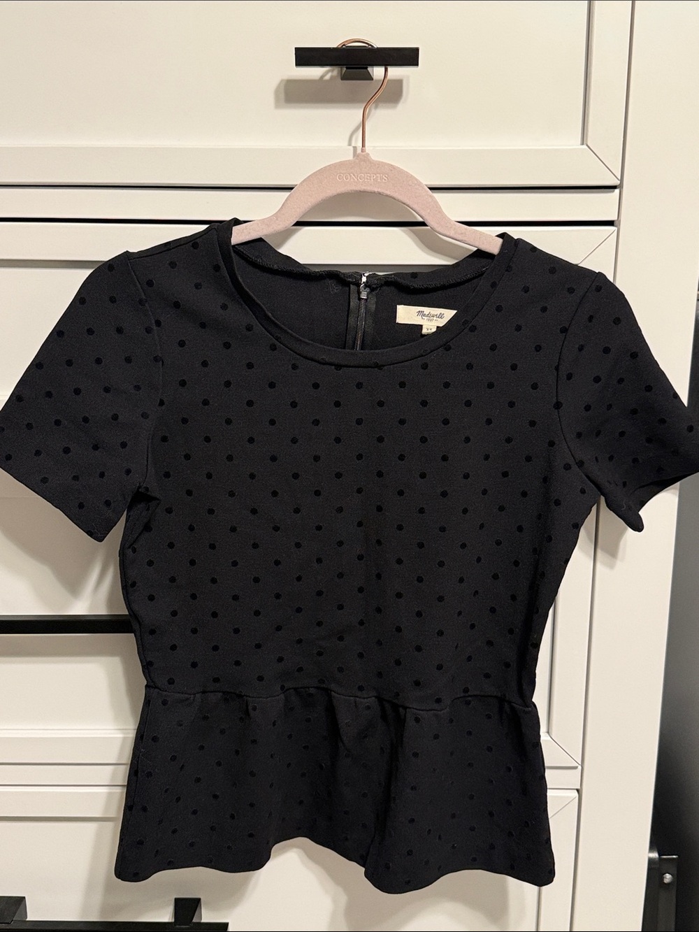 Madewell Black Velvet Dot Textured Short Sleeve Dressy Blouse